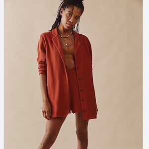 Free People Beach Rust Orange Ribbed Knit Blazer Lizzie Romper Long Sleeve S